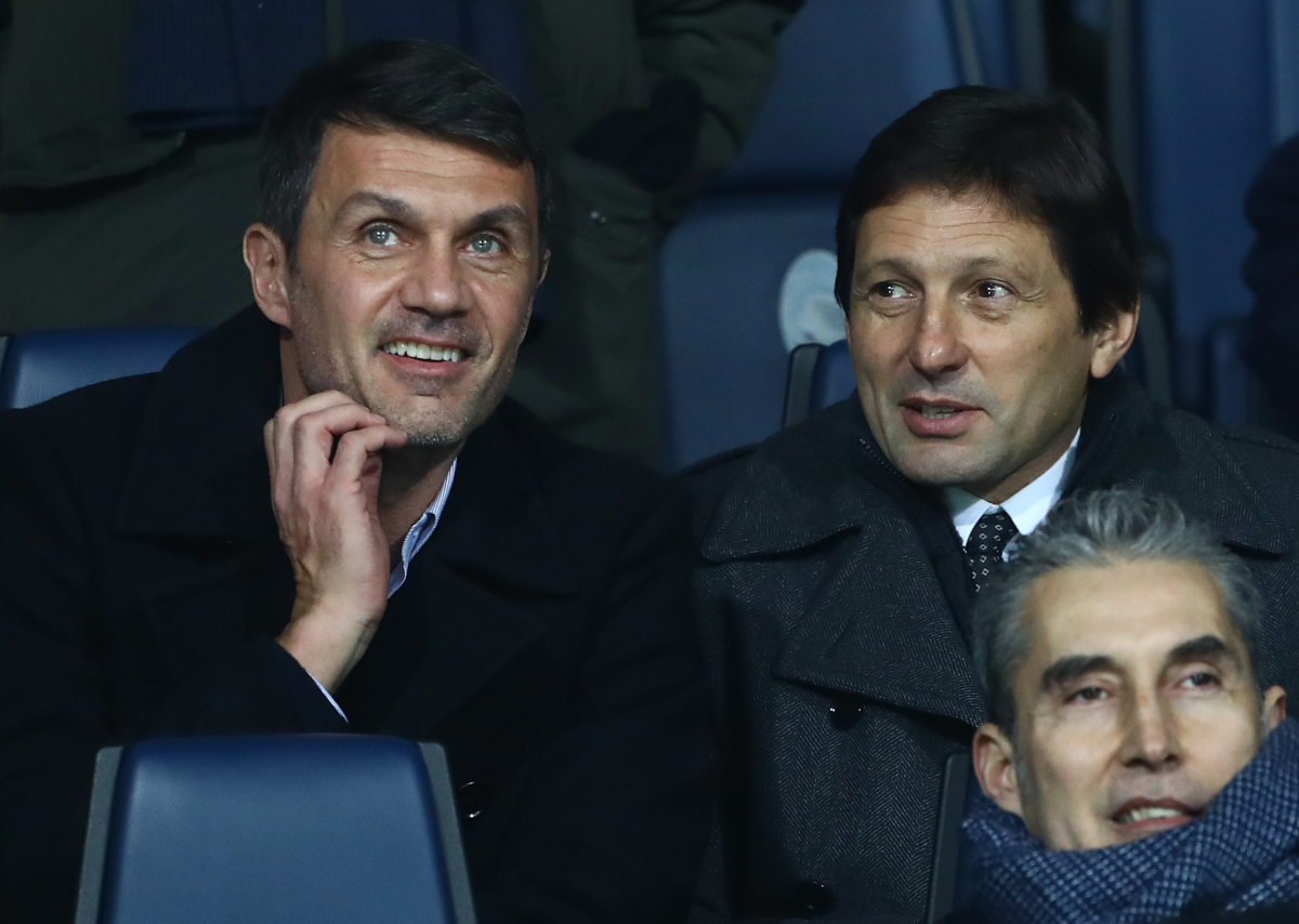 BERGAMO, ITÁLIA - 16 DE FEVEREIRO: O Diretor de Estratégia e Desenvolvimento Esportivo do AC Milan, Paolo Maldini, e o Diretor Esportivo do AC Milan Club, Leonardo De Araujo, antes da partida da Série A entre Atalanta BC e AC Milan no Stadio Atleti Azzurri d'Italia em 16 de fevereiro de 2019 em Bérgamo, Itália. (Foto de Marco Luzzani/Getty Images)