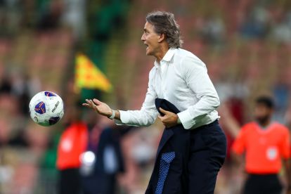 JEDDAH, SAUDI ARABIA - OCTOBER 15: Roberto Mancini coach of Saudi Arabia reacts during the FIFA World Cup Asian 3rd Qualifier Group C match between Saudi Arabia and Bahrain at King Abdullah Sports City on October 15, 2024 in Jeddah, Saudi Arabia. (Photo by Yasser Bakhsh/Getty Images)