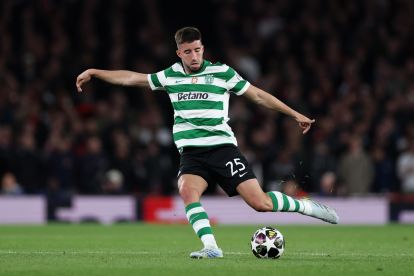 LONDON, ENGLAND - APRIL 15: Goncalo Inacio of Sporting Clube de Portugal during the UEFA Champions League 2025/26 Quarter-Final Second Leg match between Arsenal FC and Sporting Clube de Portugal at Arsenal Stadium on April 15, 2026 in London, England. (Photo by Justin Setterfield/Getty Images)