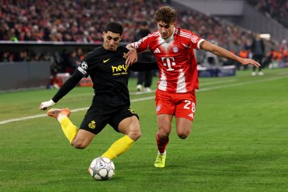 MUNICH, GERMANY - JANUARY 21: Anan Khalaili of R. Union Saint-Gilloise is challenged by Tom Bischof of FC Bayern Munich during the UEFA Champions League 2025/26 League Phase MD7 match between FC Bayern München and R. Union Saint-Gilloise at Football Arena Munich on January 21, 2026 in Munich, Germany. (Photo by Adam Pretty/Getty Images)