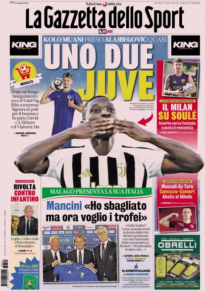 Juventus targets Kolo Muani and Alajbegović as Mancini issues apology