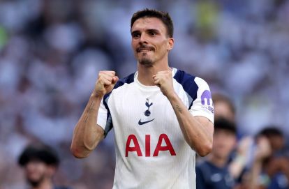 LONDON, ENGLAND - MAY 24: Joao Palhinha of Tottenham Hotspur celebrates after the team secured safety from relegation during the Premier League match between Tottenham Hotspur and Everton at Tottenham Hotspur Stadium on May 24, 2026 in London, England. (Photo by Richard Heathcote/Getty Images)