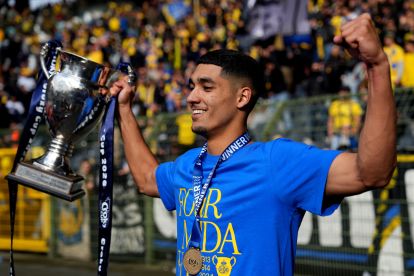 BRUSSELS, BELGIUM - MAY 14: Anan Khalaili of Union Saint-Gilloise poses for a photo with the Trophy during celebrations following his teams 3-1 win in the Coupe de Belgique Final match between Union Saint-Gilloise and RSC Anderlecht at Stade Roi Baudouin on May 14, 2026 in Brussels, Belgium.