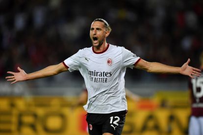 TURIN, ITALY - AUGUST 23: Adrien Rabiot of AC Milan celebrates scoring his team’s second goal during the Serie A match between Torino FC and AC Milan at Stadio Olimpico Grande Torino on August 23, 2026 in Turin, Italy. (Photo by Valerio Pennicino/Getty Images)