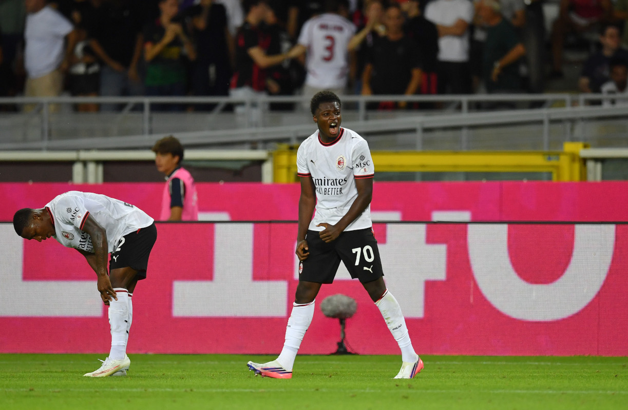 TURIN, ITALY - AUGUST 23: Alphadjo Cisse of AC Milan celebrates scoring his team’s second goal during the Serie A match between Torino FC and AC Milan at Stadio Olimpico Grande Torino on August 23, 2026 in Turin, Italy. (Photo by Valerio Pennicino/Getty Images)