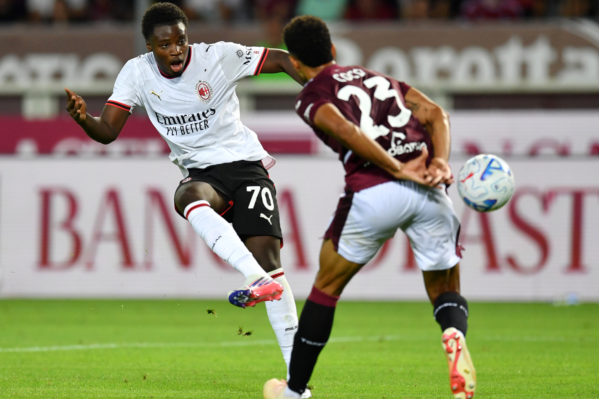 TURIN, ITALY - AUGUST 23: Alphadjo Cisse of AC Milan scores his team’s first goal during the Serie A match between Torino FC and AC Milan at Stadio Olimpico Grande Torino on August 23, 2026 in Turin, Italy. (Photo by Valerio Pennicino/Getty Images)