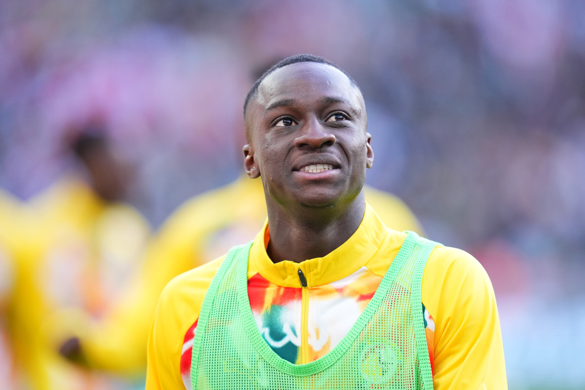 PARIS, FRANCE - MARCH 28: Bamba Dieng of Senegal looks on during the warm up prior to an international friendly match between Senegal and Peru on March 28, 2026 at Stade de France in Paris, France. (Photo by Franco Arland/Getty Images)