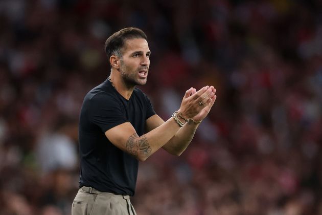 LONDON, ENGLAND - AUGUST 12: Cesc Fabregas, Head Coach of Como 1907, reacts during the pre-season friendly match between Arsenal FC and Como Calcio at Emirates Stadium on August 12, 2026 in London, England. (Photo by Alex Pantling/Getty Images)