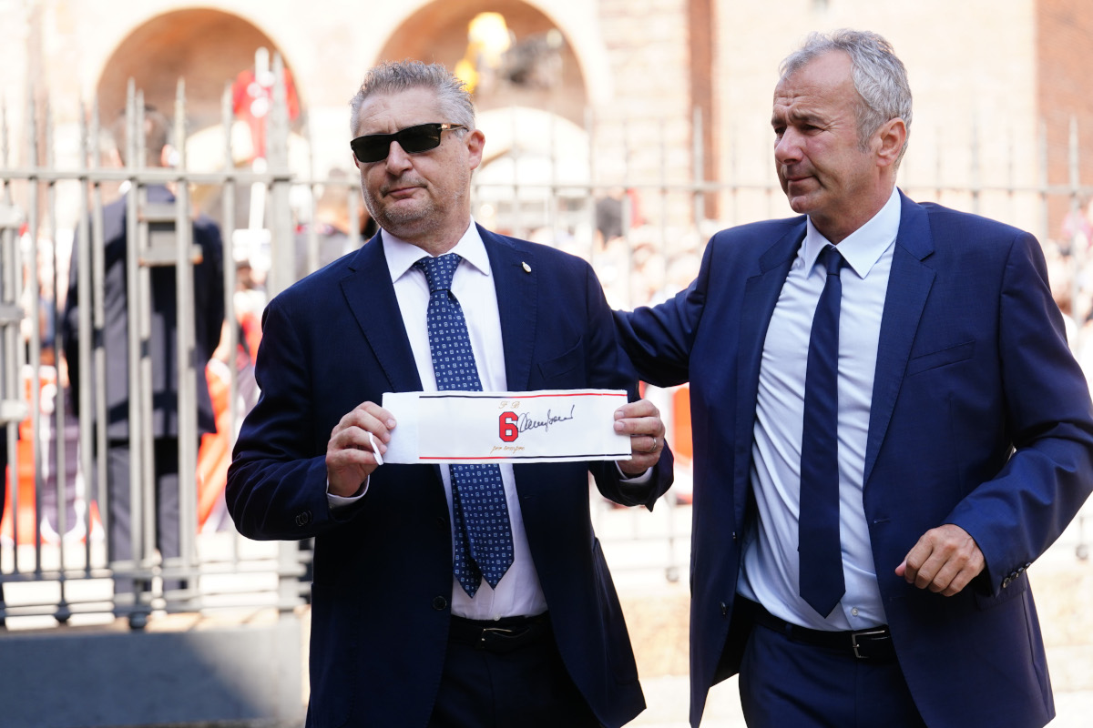 MILAN, ITALY - AUGUST 04: Daniele Massaro and Dejan Savićević attend Franco Baresi's funeral ceremony at Basilica di Sant'Ambrogio on August 04, 2026 in Milan, Italy. (Photo by Pier Marco Tacca/Getty Images)