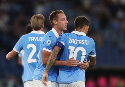 ROME, ITALY - AUGUST 30: Davide Frattesi of Lazio celebrates scoring his team's first goal with teammate Mattia Zaccagni during the Serie A match between SS Lazio and Genoa CFC at Stadio Olimpico on August 30, 2026 in Rome, Italy. (Photo by Paolo Bruno/Getty Images)