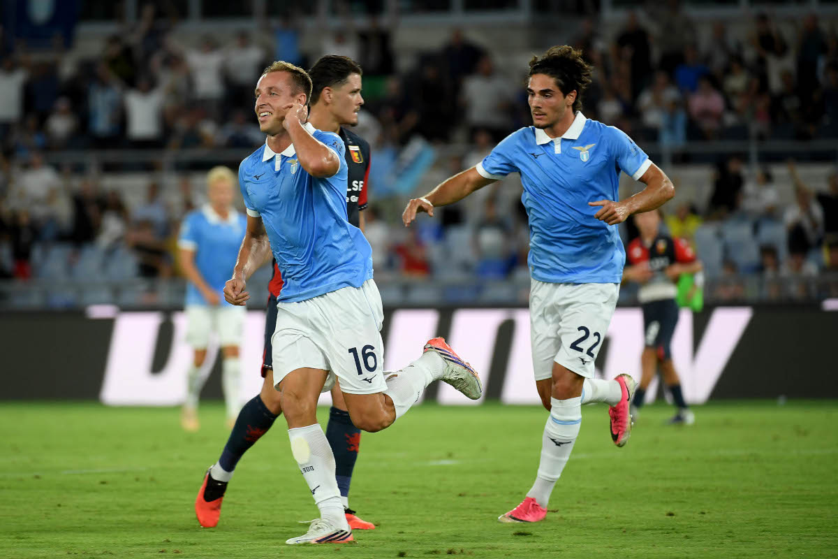 ROME, ITALY - AUGUST 30: Davide Frattesi of SS Lazio celebrates after scoring an opening goal during the Serie A match between SS Lazio and Genoa CFC at Stadio Olimpico on August 30, 2026 in Rome, Italy. (Photo by Marco Rosi - SS Lazio/Getty Images)