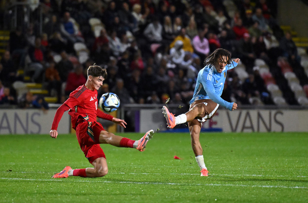 NEWPORT, WALES - OCTOBER 10: Diego Moreira of Belgium scores his team's fifth goal during the 2027 UEFA European Under-21 Championship Qualifier match between Wales and Belgium at Rodney Parade on October 10, 2025 in Newport, Wales. (Photo by Dan Mullan/Getty Images)