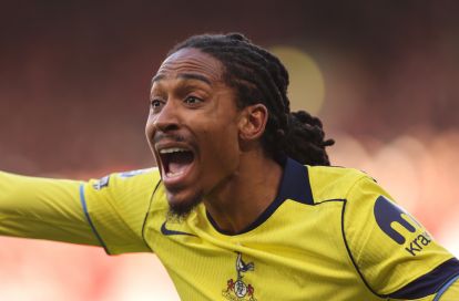 LIVERPOOL, ENGLAND - MARCH 15: Djed Spence of Tottenham Hotspur reacts during the Premier League match between Liverpool and Tottenham Hotspur at Anfield on March 15, 2026 in Liverpool, England. (Photo by Carl Recine/Getty Images)