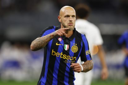 PERTH, AUSTRALIA - AUGUST 08: Federico Dimarco of FC Internazionale celebrates his goal during the match between Juventus and FC Internazionale at Optus Stadium on August 08, 2026 in Perth, Australia. (Photo by James Worsfold/Getty Images)