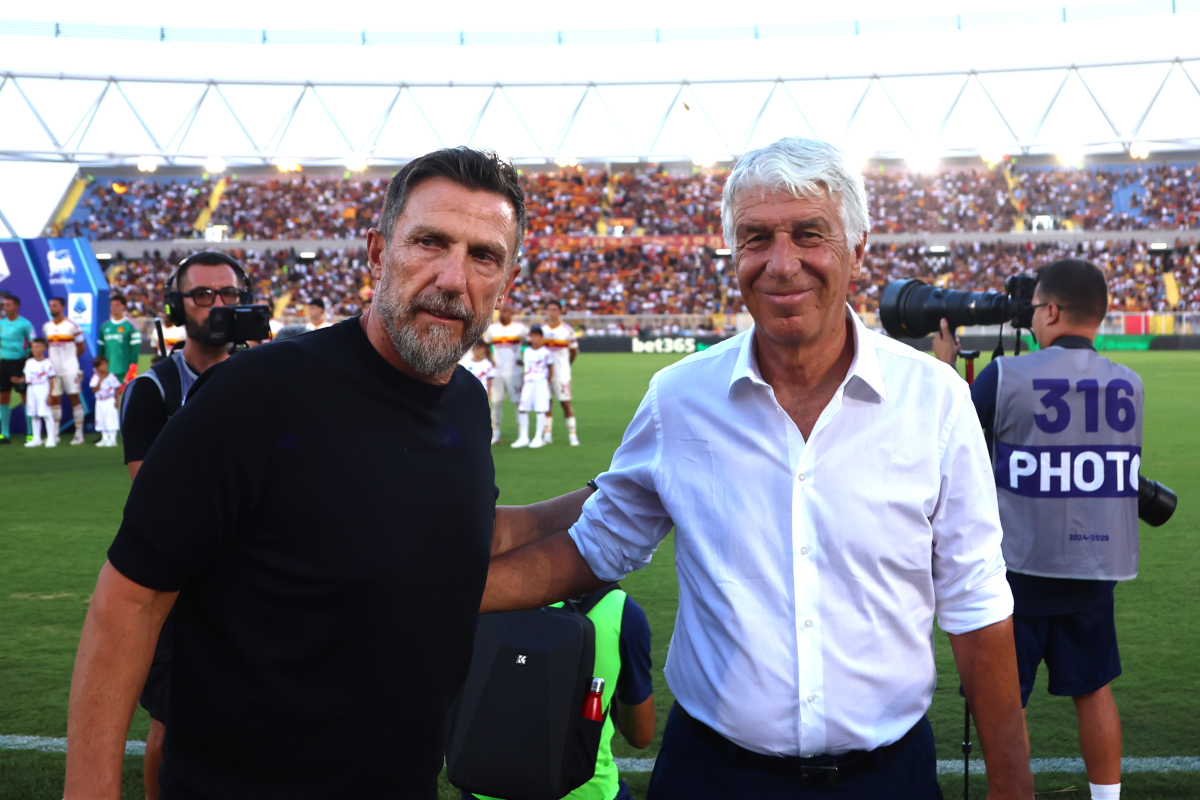 LECCE, ITALY - AUGUST 31: Head coach of US Lecce Eusebio Di Francesco with head coach of AS Roma Gian Piero Gasperini during the Serie A match between US Lecce and AS Roma at Stadio Via del Mare on August 31, 2026 in Lecce, Italy. (Photo by Maurizio Lagana/Getty Images)