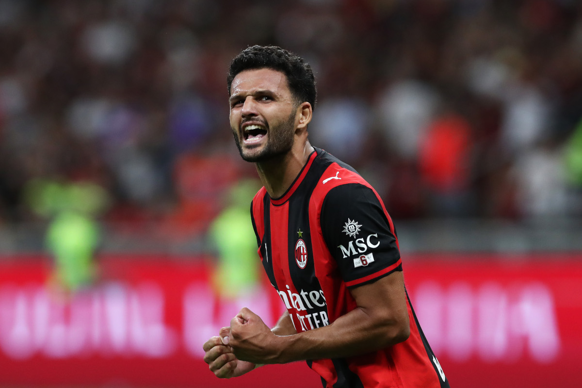 MILAN, ITALY - AUGUST 28: Goncalo Ramos of AC Milan celebrates scoring his team’s first goal during the Serie A match between AC Milan and Venezia FC at Stadio Giuseppe Meazza on August 28, 2026 in Milan, Italy. (Photo by Marco Luzzani/Getty Images)