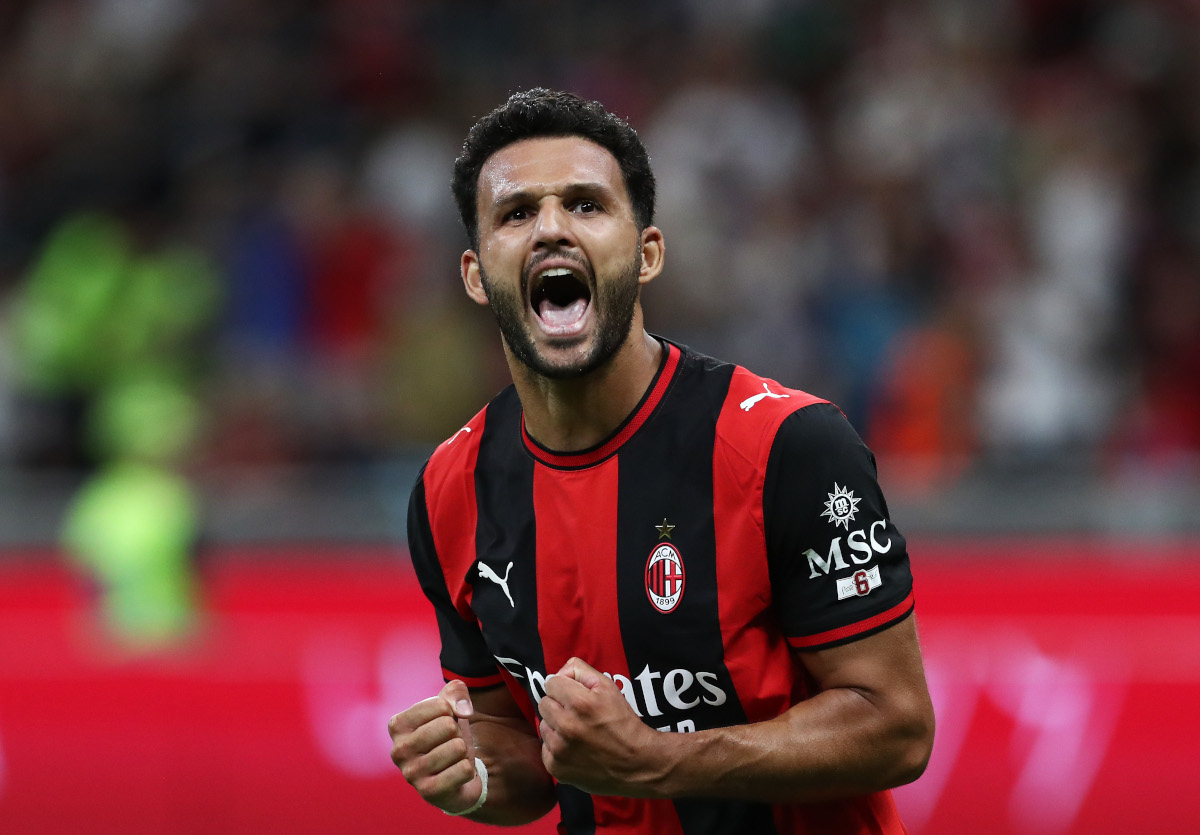MILAN, ITALY - AUGUST 28: Goncalo Ramos of AC Milan celebrates scoring his team’s first goal during the Serie A match between AC Milan and Venezia FC at Stadio Giuseppe Meazza on August 28, 2026 in Milan, Italy. (Photo by Marco Luzzani/Getty Images)