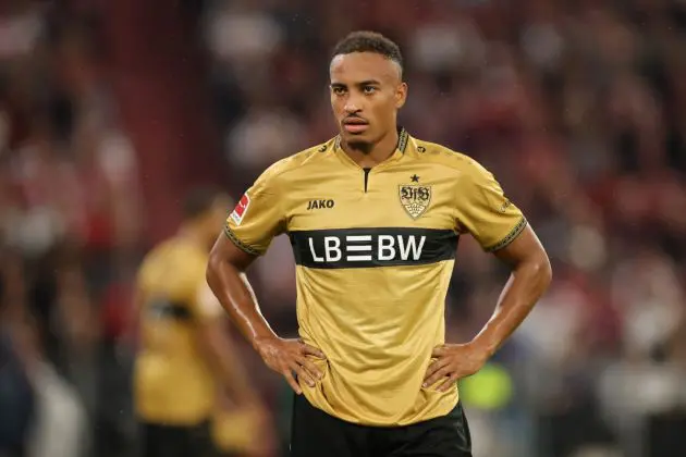MUNICH, GERMANY - AUGUST 28: Jamie Leweling of VfB Stuttgart reacts during the Bundesliga 2026/27 match between FC Bayern München and VfB Stuttgart at Allianz Arena on August 28, 2026 in Munich, Germany. (Photo by Alex Grimm/Getty Images) (Roma links)