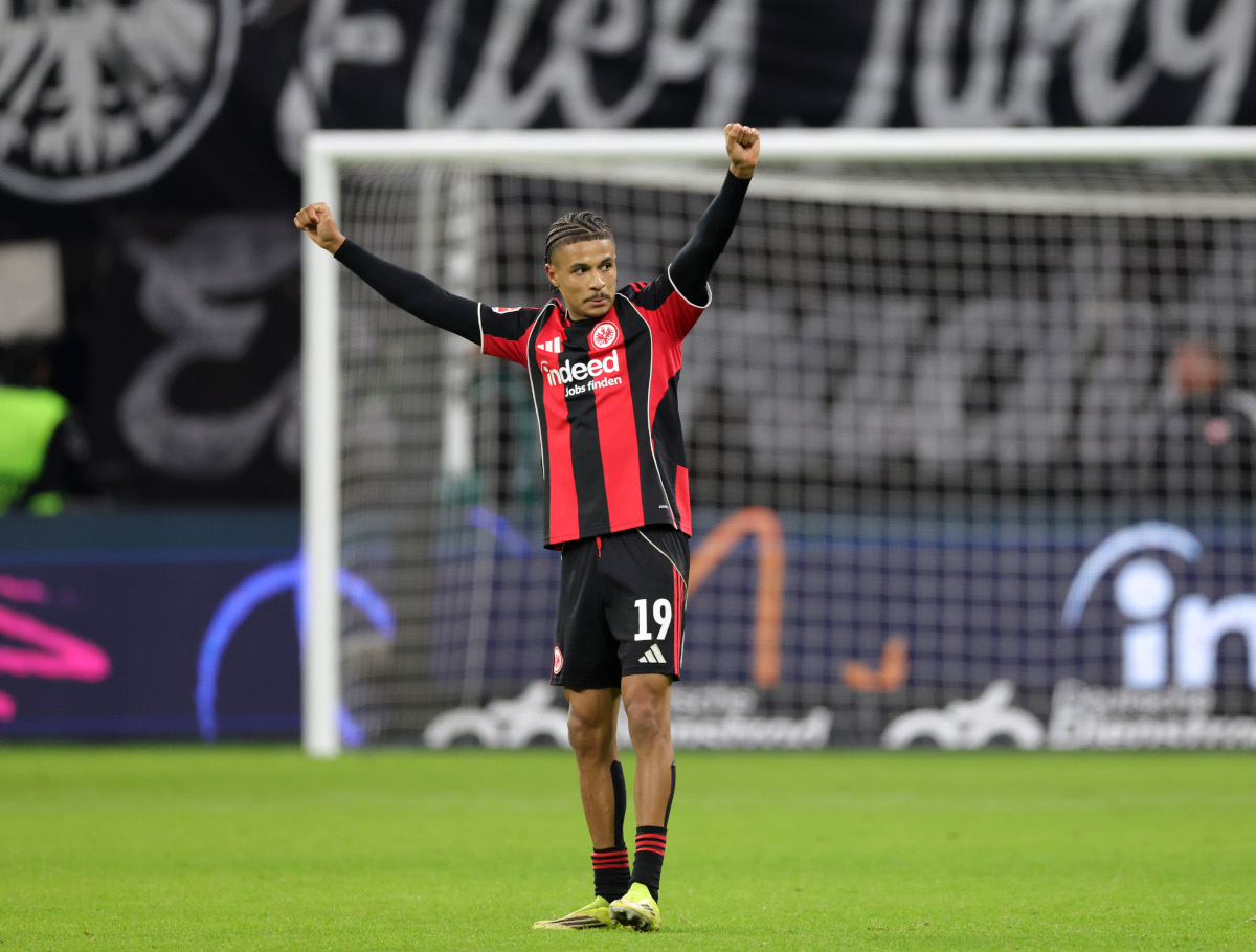 FRANKFURT AM MAIN, GERMANY - MARCH 01: Jean-Matteo Bahoya of Eintracht Frankfurt celebrates following his team's victory in the Bundesliga match between Eintracht Frankfurt and SC Freiburg at Deutsche Bank Park on March 01, 2026 in Frankfurt am Main, Germany. (Photo by Simon Hofmann/Getty Images)
