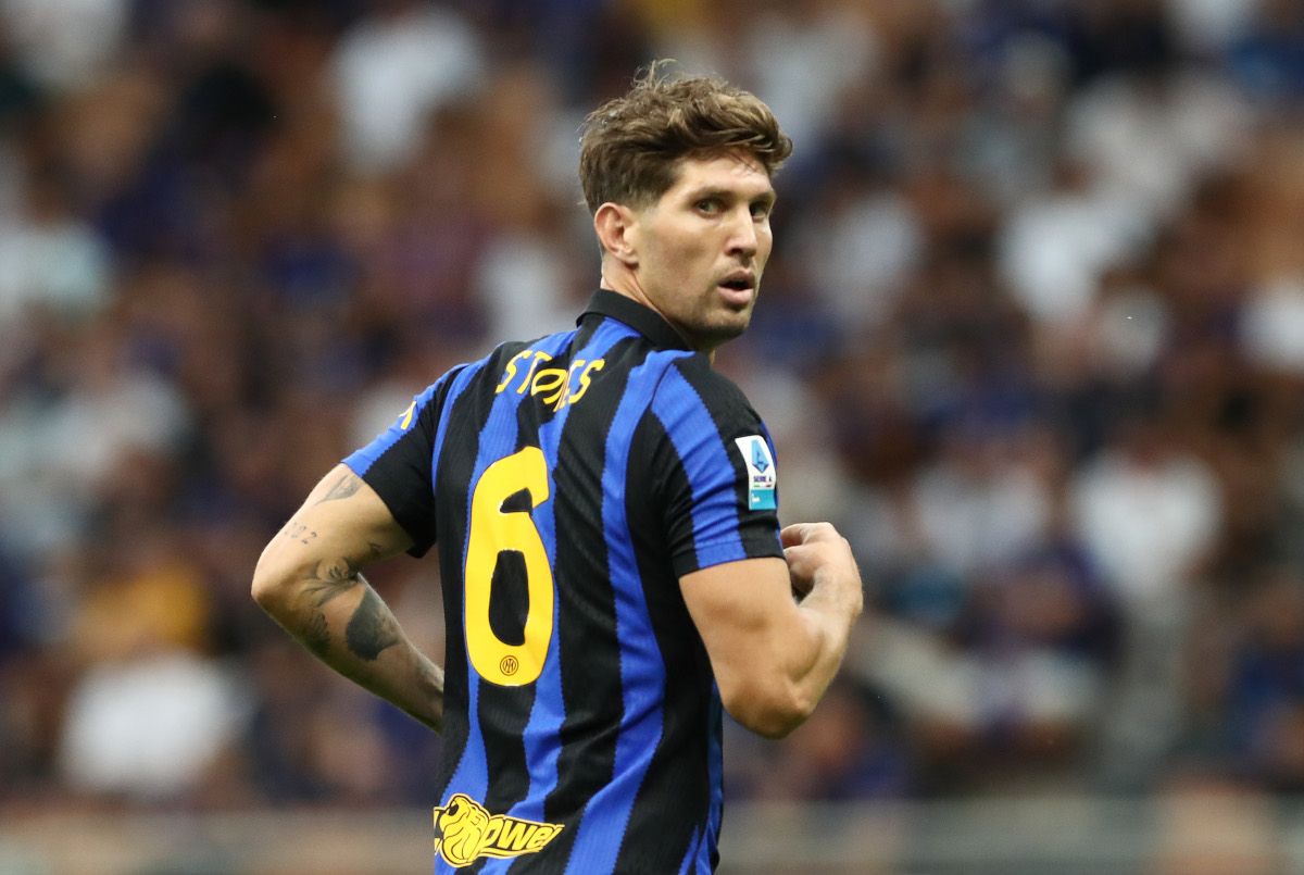 MILAN, ITALY - AUGUST 22: John Stones of Internazionale looks on during the Serie A match between FC Internazionale and AC Monza at Stadio Giuseppe Meazza on August 22, 2026 in Milan, Italy. (Photo by Marco Luzzani/Getty Images)