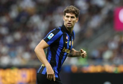 MILAN, ITALY - AUGUST 22: John Stones of Internazionale looks on during the Serie A match between FC Internazionale and AC Monza at Stadio Giuseppe Meazza on August 22, 2026 in Milan, Italy. (Photo by Marco Luzzani/Getty Images)