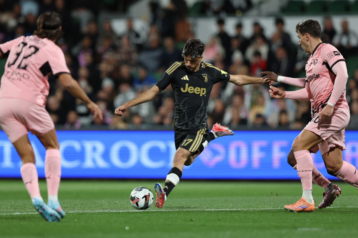 PERTH, AUSTRALIA - AUGUST 11: Kerim Alajbegovic of Juventus shots at goal during the match between Juventus and Palermo at HBF Park on August 11, 2026 in Perth, Australia. (Photo by Janelle St Pierre/Getty Images)
