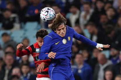 SYDNEY, AUSTRALIA - JULY 28: Marco Palestra of Chelsea FC heads the ball during the Sydney Super Cup match between Western Sydney Wanderers and Chelsea FC at Accor Stadium on July 28, 2026 in Sydney, Australia. (Photo by Darrian Traynor/Getty Images)