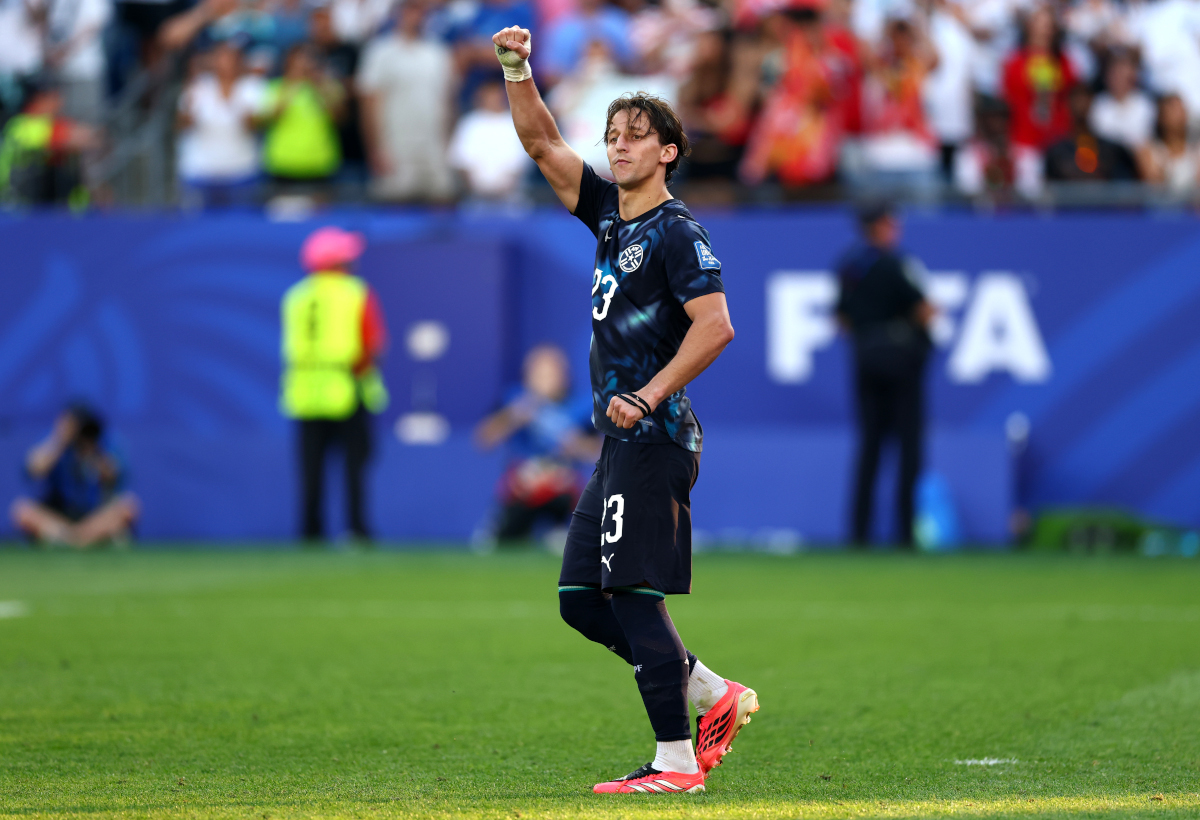 FOXBOROUGH, MASSACHUSETTS - JUNE 29: Matias Galarza #23 of Paraguay celebrates scoring the team’s fourth penalty during the penalty shootout during the FIFA World Cup 2026 Round Of 32 match between Germany and Paraguay at Boston Stadium on June 29, 2026 in Foxborough, Massachusetts. (Photo by Robert Cianflone/Getty Images)