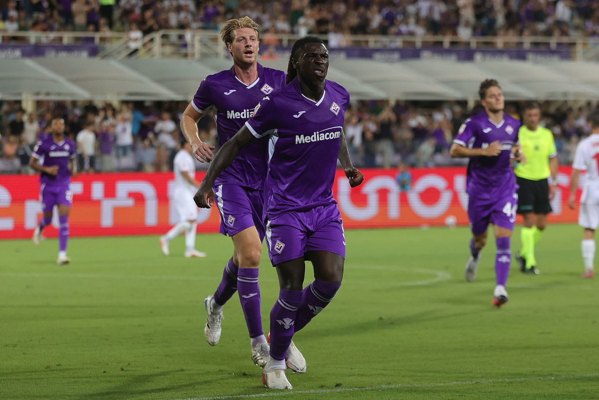 FLORENCE, ITALY - AUGUST 14: Moise Kean of ACF Fiorentina celebrates after scoring a goal during of the Coppa Italia match between of ACF Fiorentina and Benevento Calcio at Artemio Franchi on August 14, 2026 in Florence, Italy. (Photo by Gabriele Maltinti/Getty Images)