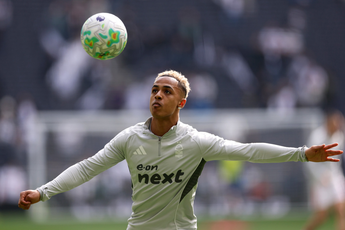 LONDON, ENGLAND - MARCH 22: Omari Hutchinson of Nottingham Forest warms up prior to the Premier League match between Tottenham Hotspur and Nottingham Forest at Tottenham Hotspur Stadium on March 22, 2026 in London, England. (Photo by Ryan Pierse/Getty Images)