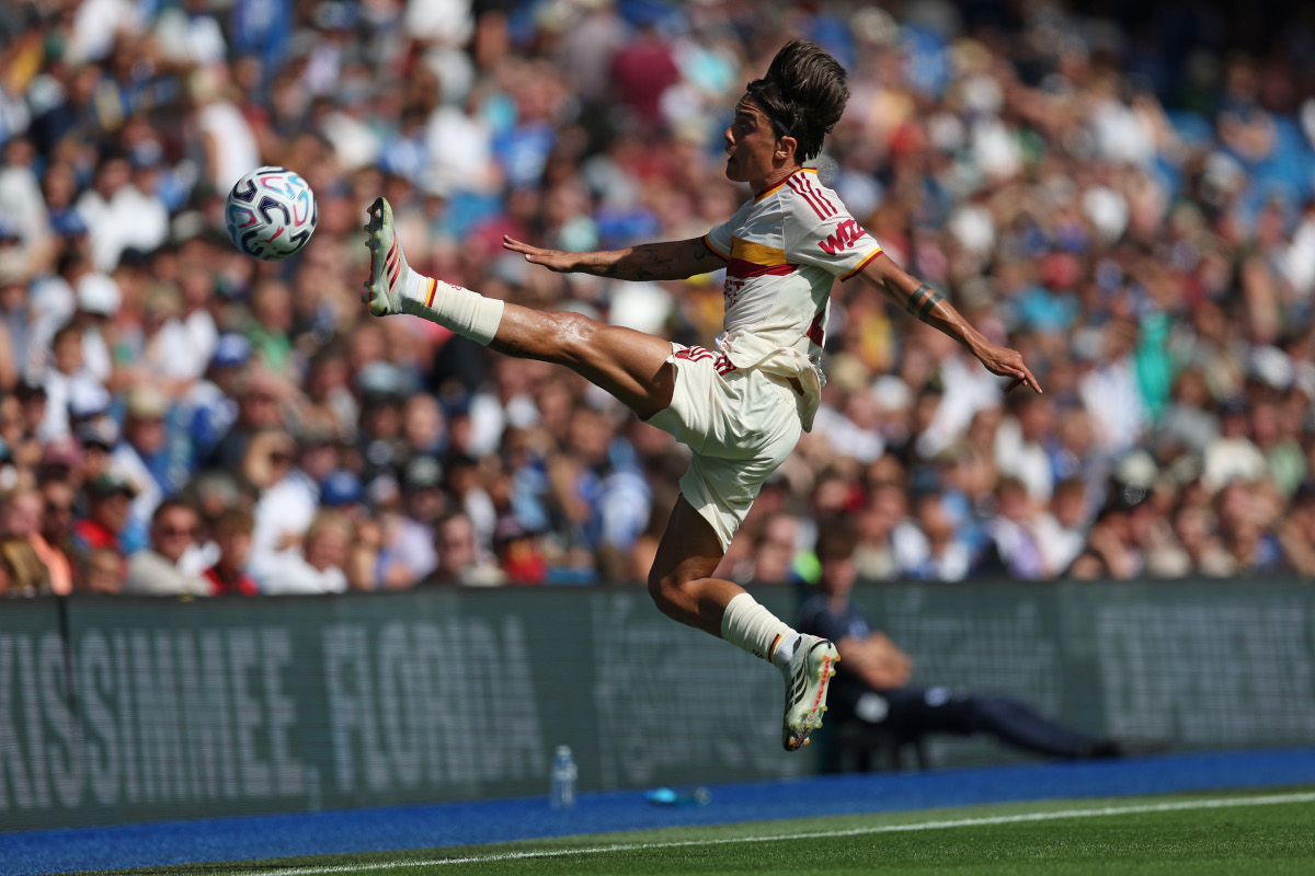 BRIGHTON, ENGLAND - AUGUST 08: Paulo Dybala of AS Roma controls the ball during the pre-season friendly match between Brighton & Hove Albion and AS Roma at American Express Stadium on August 08, 2026 in Brighton, England. (Photo by Steve Bardens/Getty Images)