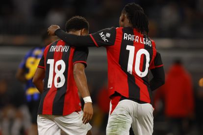 PERTH, AUSTRALIA - AUGUST 05: Rafael Leao of AC Milan hugs Christopher Nkunku of AC Milan after his goal during the pre-season match between AC Milan and FC Internazionale at Optus Stadium on August 05, 2026 in Perth, Australia. (Photo by James Worsfold/Getty Images)