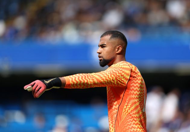 LONDON, ENGLAND - AUGUST 15: Robert Sanchez of Chelsea reacts during the pre-season friendly match between Chelsea and Real Sociedad at Stamford Bridge on August 15, 2026 in London, England. (Photo by Ryan Pierse/Getty Images)
