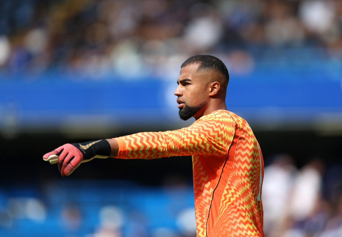 LONDON, ENGLAND - AUGUST 15: Robert Sanchez of Chelsea reacts during the pre-season friendly match between Chelsea and Real Sociedad at Stamford Bridge on August 15, 2026 in London, England. (Photo by Ryan Pierse/Getty Images)