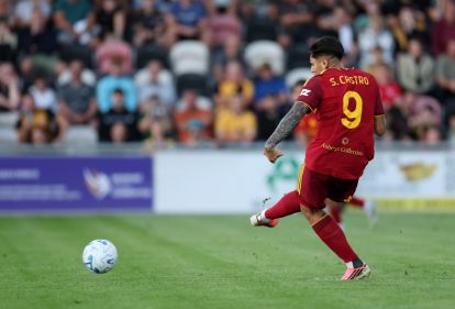 NEWPORT, WALES - AUGUST 04: Santiago Castro of AS Roma scores his team’s first goal from the penalty spot during the pre-season friendly match between Newport County and AS Roma at Rodney Parade on August 04, 2026 in Newport, Wales. (Photo by Dan Istitene/Getty Images)