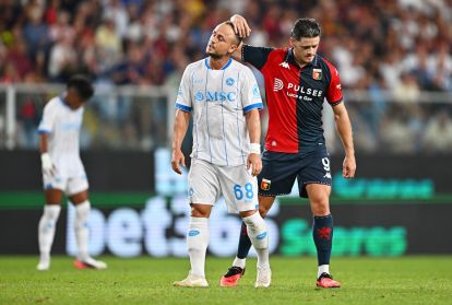 GENOA, ITALY - AUGUST 22: Stanislav Lobotka of Napoli and Vitinha of Genoa react during the Serie A match between Genoa CFC and SSC Napoli at Stadio Luigi Ferraris on August 22, 2026 in Genoa, Italy. (Photo by Simone Arveda/Getty Images)