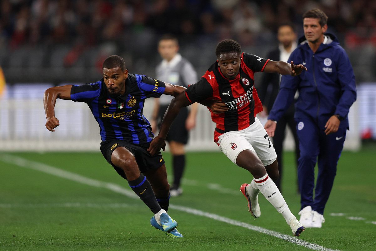 PERTH, AUSTRALIA - AUGUST 05: Alphadjo Cisse of AC Milan in action during the pre-season match between AC Milan and FC Internazionale at Optus Stadium on August 05, 2026 in Perth, Australia. (Photo by Janelle St Pierre/Getty Images)