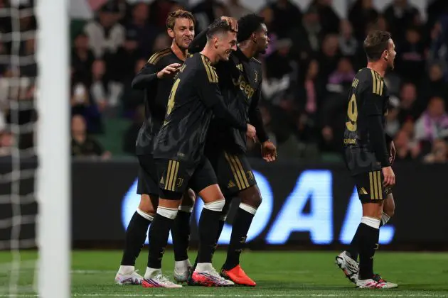 PERTH, AUSTRALIA - AUGUST 11: Arkadiusz Milik of Juventus celebrates a goal during the match between Juventus and Palermo at HBF Park on August 11, 2026 in Perth, Australia. (Photo by Paul Kane/Getty Images)