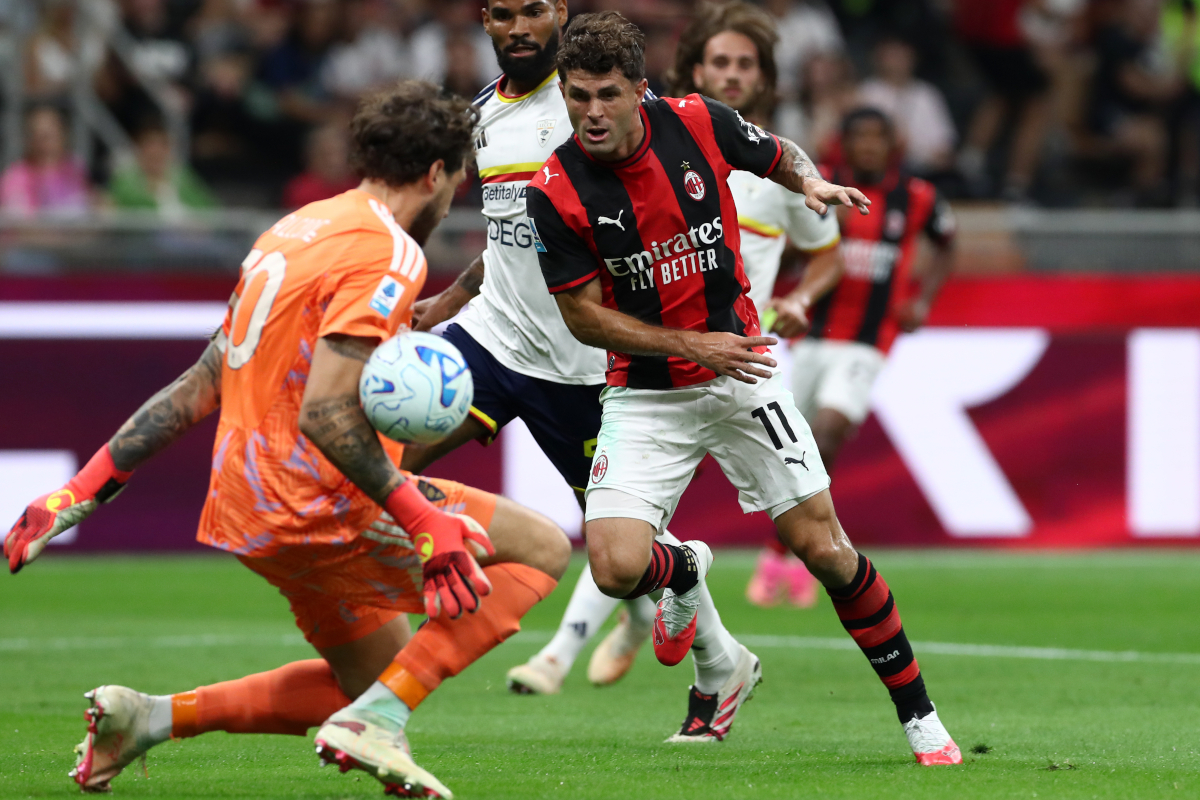 ITALY - SEPTEMBER 20: Christian Pulisic of AC Milan scores his team’s first goal during the Serie A match between AC Milan and US Lecce at Stadio Giuseppe Meazza on September 20, 2026 in Italy. (Photo by Marco Luzzani/Getty Images)