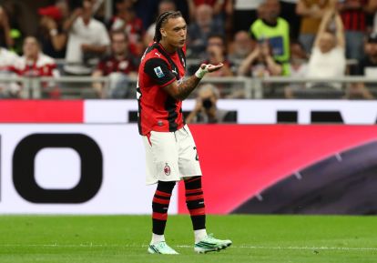 ITALY - SEPTEMBER 20: Diego Moreira of AC Milan celebrates scoring his team’s third goal during the Serie A match between AC Milan and US Lecce at Stadio Giuseppe Meazza on September 20, 2026 in Italy.