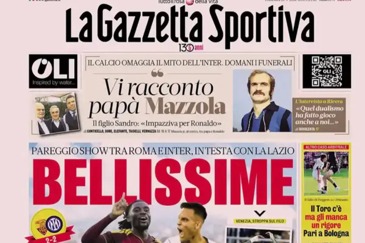 Today’s Papers – Reaction as Inter and Roma draw, tributes to Mazzola