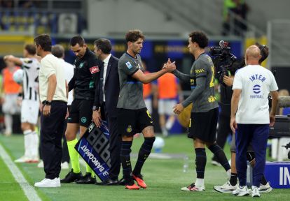 MILAN, ITALY - SEPTEMBER 14: John Stones of FC Internazionale Milano is substituted and replaced by teammate Curtis Jones during the Serie A match between FC Internazionale and Udinese Calcio at Stadio Giuseppe Meazza on September 14, 2026 in Milan, Italy. (Photo by Claudio Villa/Getty Images)