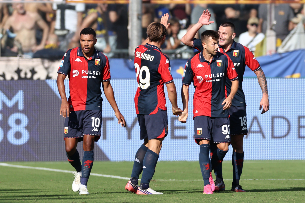 PARMA, ITALY - SEPTEMBER 20: Milutin Osmajić of Genoa CFC celebrates after scoring his team's first goal during the Serie A match between Parma Calcio and Genoa CFC at Stadio Ennio Tardini on September 20, 2026 in Parma, Italy. (Photo by Luca Amedeo Bizzarri/Getty Images)