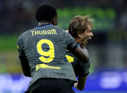 Nicolo Barella celebrates scoring for Inter