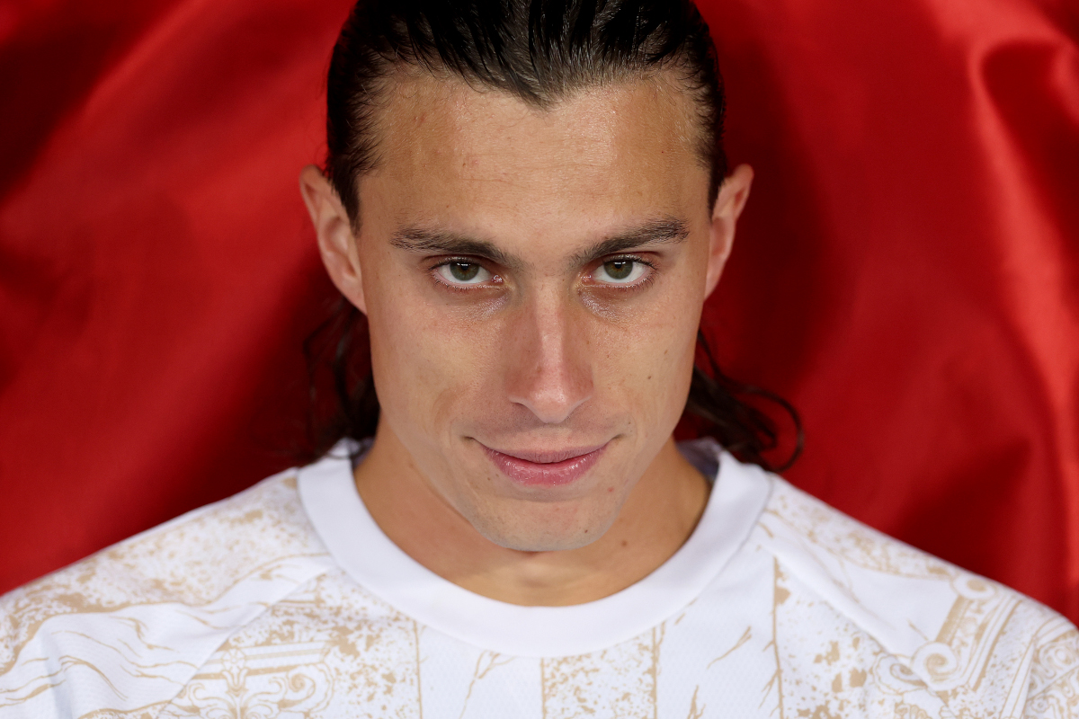BURSA, TURKEY - SEPTEMBER 28: Riccardo Calafiori of Italy looks on as he sits on the bench before the UEFA Nations League 2026/27 group phase match between Türkiye and Italy at Atatürk Spor Kompleksi Matli Stadyumu on September 28, 2026 in Bursa, Turkey. (Photo by Ahmad Mora/Getty Images)