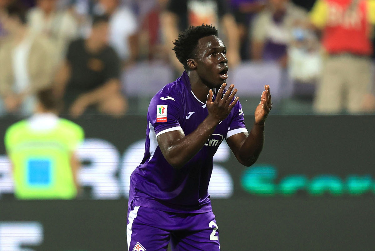 FLORENCE, ITALY - SEPTEMBER 15: Wilfred Gnonto of ACF Fiorentina reacts during the Coppa Italia match between ACF Fiorentina and Pisa SC at Stadio Artemio Franchi on September 15, 2026 in Florence, Italy. (Photo by Gabriele Maltinti/Getty Images)