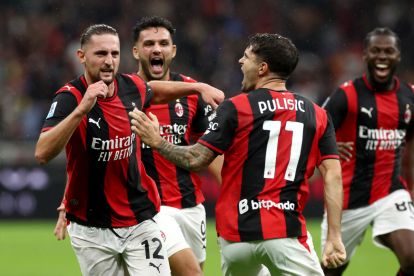 ITALY - OCTOBER 18: Adrien Rabiot of AC Milan celebrates scoring his team’s second goal with teammate Christian Pulisic during the Serie A match between AC Milan and Atalanta BC at Stadio Giuseppe Meazza on October 18, 2026 in Italy. (Photo by Marco Luzzani/Getty Images)
