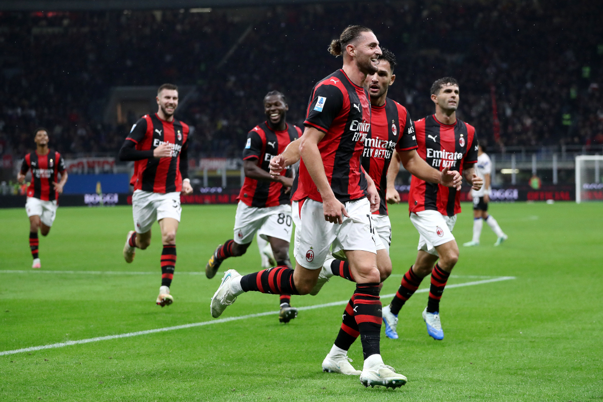 ITALY - OCTOBER 18: Adrien Rabiot of AC Milan celebrates scoring his team’s second goal with teammates during the Serie A match between AC Milan and Atalanta BC at Stadio Giuseppe Meazza on October 18, 2026 in Italy. (Photo by Marco Luzzani/Getty Images)