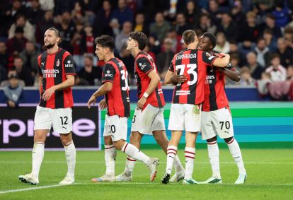 SALZBURG, AUSTRIA - OCTOBER 15: Alphadjo Cisse of AC Milan celebrates scoring his team’s third goal and his hat-trick goal with teammate Francesco Camarda during the UEFA Europa League 2026/27 League Phase MD2 match between FC Salzburg and AC Milan at Stadion Salzburg on October 15, 2026 in Salzburg, Austria. (Photo by Jasmin Walter/Getty Images)