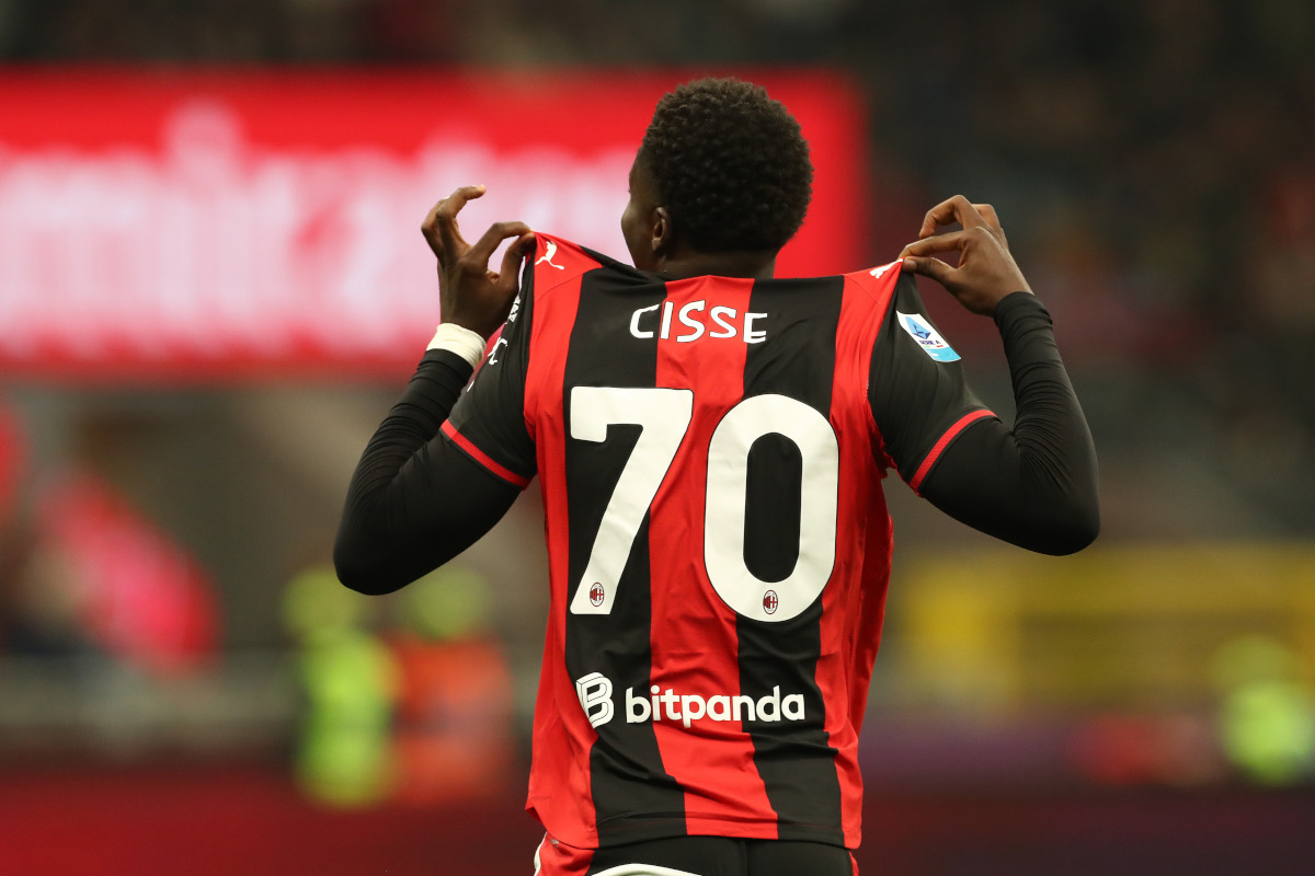 ITALY - OCTOBER 28: Alphadjo Cisse of AC Milan celebrates scoring his team’s first goal during the Serie A match between AC Milan and Bologna FC at Stadio Giuseppe Meazza on October 28, 2026 in Italy. (Photo by Marco Luzzani/Getty Images)